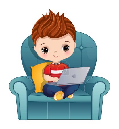 Illustration for Cute toddler boy with laptop doing homeschooling. Little boy wearing t-shirt, jeans and sneakers sitting. Schoolboy is redheaded with hazel eyes. Online distance learning vector illustration - Royalty Free Image