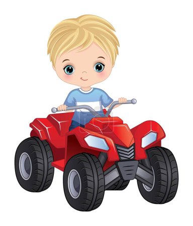 Illustration for Cute little boy riding four wheel bike. Little boys is blond with blue eyes. Boy riding quad bike vector illustration - Royalty Free Image