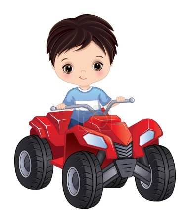Cute little boy riding four wheel bike. Little boys is dark-haired with hazel eyes. Boy riding quad bike vector illustration