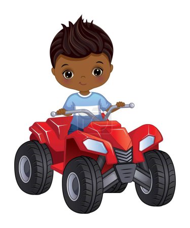 Illustration for Cute African American boy riding four wheel bike. Little black boy riding quad bike vector illustration - Royalty Free Image