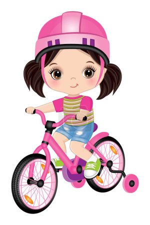 Illustration for Cute girl wearing t-shirt, denim shorts, helmet and sport keds learning to ride bicycle. Caucasian girl is dark-haired with pigtails an hazel eyes. Little girl riding bike vector illustration - Royalty Free Image