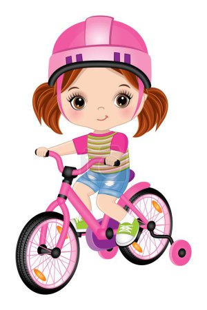Illustration for Cute girl wearing t-shirt, denim shorts, helmet and sport keds learning to ride bicycle. Caucasian girl is redhead with pigtails and hazel eyes. Little girl riding bike vector illustration - Royalty Free Image