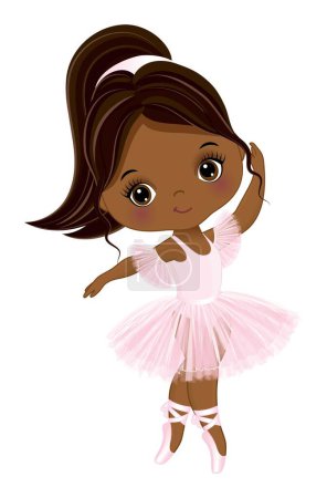 Illustration for Cute African American ballerina dancing. Black ballerina wearing pastel pink tutu dress, headband and pointe shoes. Little ballerina with ponytail. African American ballerina vector illustration - Royalty Free Image