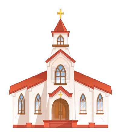 Illustration for Cartoon church building on white background isolated. Church with cross on the top and the door. Church vector illustration - Royalty Free Image