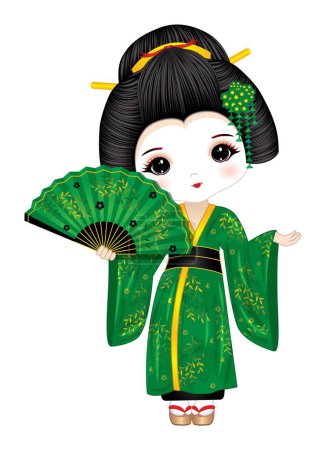 Illustration for Beautiful geisha wearing green long kimono, geta sandals and wooden holding fan. Geisha vector illustration - Royalty Free Image