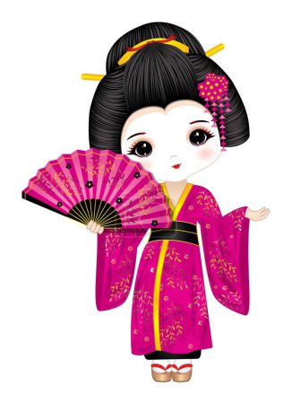 Illustration for Beautiful geisha wearing pink long kimono, geta sandals and wooden holding fan. Geisha vector illustration - Royalty Free Image