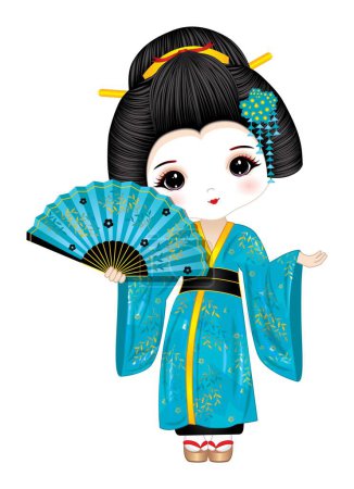 Illustration for Beautiful geisha wearing turquoise long kimono, geta sandals and wooden holding fan. Geisha vector illustration - Royalty Free Image