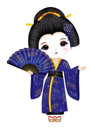 Illustration for Beautiful geisha wearing blue long kimono, geta sandals and wooden holding fan. Geisha vector illustration - Royalty Free Image