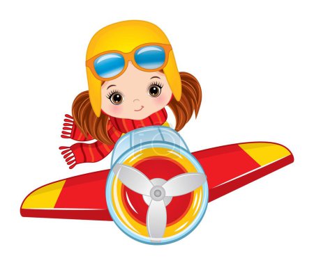 Illustration for Little cute girl learning to fly in airplane. Caucasian girl is redheaded with pigtails and blue eyes. Pilot girl vector illustration - Royalty Free Image