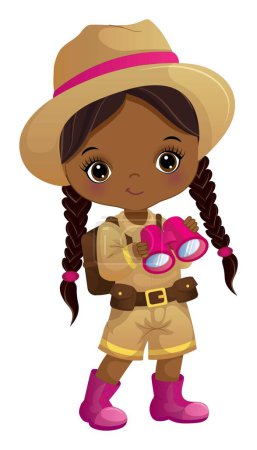 Illustration for Cute little African American girl wearing khaki shorts, polo shirt, work boots and hat holding backpack and binocular. Black girl with pigtails. Zoologist vector illustration. - Royalty Free Image