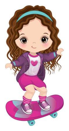 Illustration for Cute girl wearing pink and purple sport uniform skateboarding. Little girl is brunette with curly, long hair and hazel eyes. Girl on skateboard vector illustration - Royalty Free Image