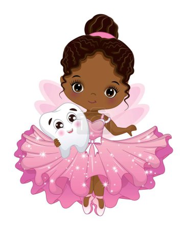 Cute African American tooth fairy wearing pink ruffle dress holding tooth. Black fairy with bun. Tooth fairy vector illustration