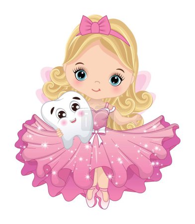 Cute tooth fairy wearing pink ruffle dress holding tooth. Little fairy is blond with long curly hair and blue eyes. Tooth fairy vector illustration