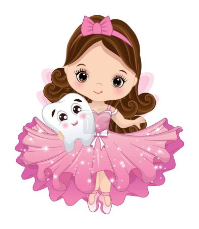 Cute tooth fairy wearing pink ruffle dress holding tooth. Little fairy is brunette with long curly hair. Tooth fairy vector illustration