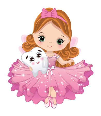 Cute tooth fairy wearing pink ruffle dress holding tooth. Little fairy is redheaded with long curly hair and green eyes. Tooth fairy vector illustration