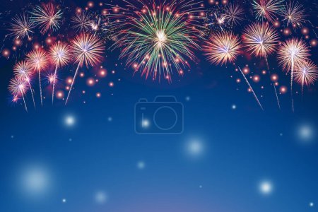colorful fireworks on light blue background with snow, celebration background