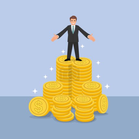 Photo for Businessman in suit stand on pile of money coin. illustration vector cartoon. - Royalty Free Image
