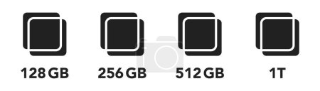 Illustration for Ram ssd icon. Vector computer memory chip icons. 128 256 512 GB symbol. - Royalty Free Image