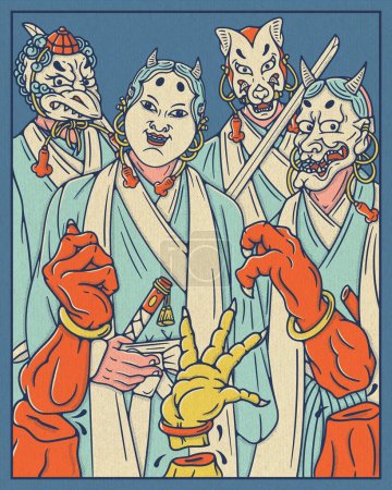 Foto de Cuatro samuráis japoneses con máscaras yokai defendiéndonos de los demonios. - Imagen libre de derechos