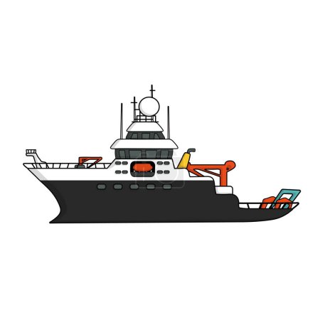 Ilustración de Buque de investigación, ilustración aislada dibujada a mano vectorial, barco de expedición de aguas profundas sobre fondo blanco - Imagen libre de derechos