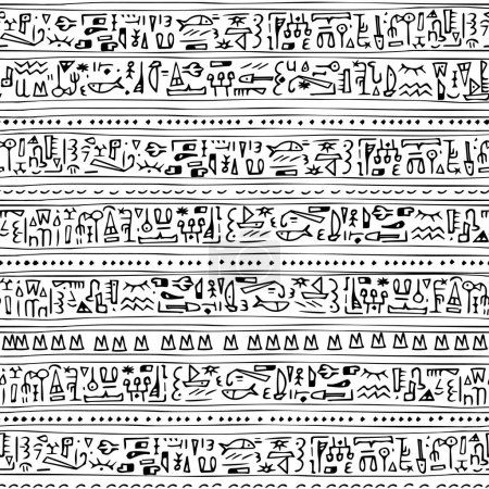 Egyptian lettering hand drawn mystery hieroglyphs childish seamless pattern vector illustration on white background for children