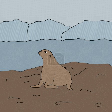 Ilustración de Ilustración de sello de piel de vector dibujado a mano. Dibujos animados bosquejo animal de la Antártida en la playa cerca de icebergs con texturas. - Imagen libre de derechos