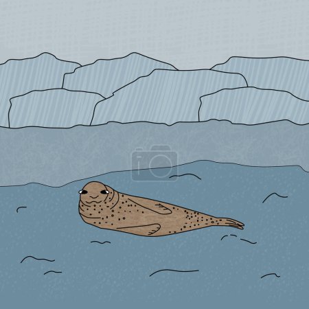 Leopard seal. Vector hand drawn cartoon illustration of arctic animal in Antarctica. Polar textured illustration with background.