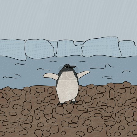 Hand drawn Emperor penguin drawing. An animal of Antarctica near the sea and icebergs. Cartoon line character on the beach with texture.