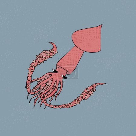 Calamar colosal en el océano. Dibujos animados vectoriales ilustración dibujada a mano del animal en la Antártida. Calamar misterioso polar con tentáculos y textura bajo el mar. Ilustración de vida submarina.