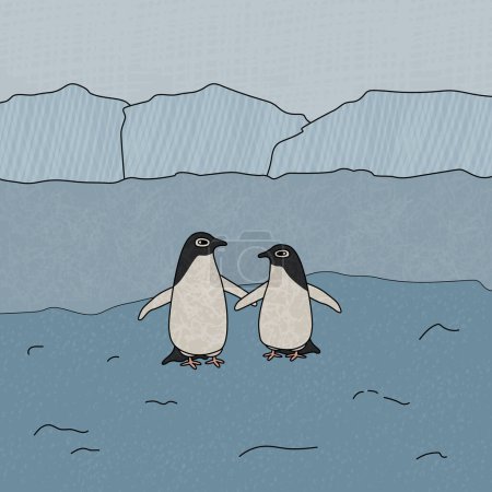Adelie penguins near the ocean and icebergs. Vector cute cartoon hand drawn illustration of the animal in Antarctica. Polar outline texture childish illustration.