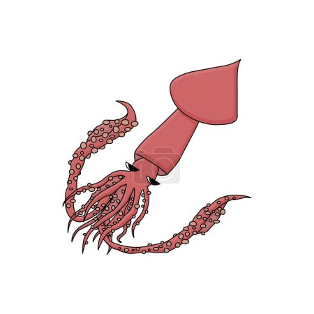 Colossal squid in the ocean. Vector cartoon hand drawn illustration of the isolated animal in Antarctica. Polar mysterious squid with tentacles and texture undersea. Illustration on white background.