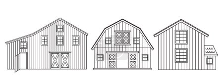 Set of black white line red farm wooden barns for coloring book. Isolated line illustration of objects on white background.