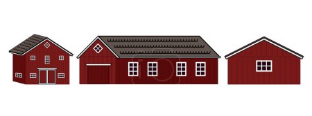 Set of vector red wooden barns with windows, closed doors. Isolated houses icons on the white background