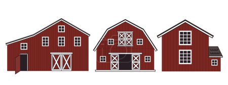 Set of red wooden barns with windows, doors. Isolated vector line flat cartoon houses icons on the white background