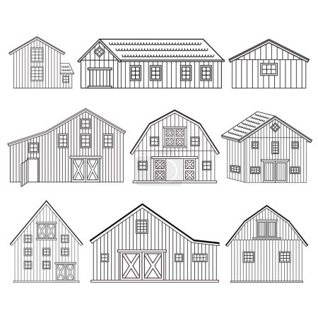 Große Reihe von schwarz-weiß-roten Holzscheunen mit Fenstern, Türen. Isolierte Vektor Häuser Symbole auf dem weißen Hintergrund für Malbuch