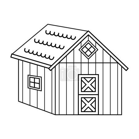 Schwarz weiße kleine Umrisse Holzhaus oder Scheune, Tür geschlossen. Vektor handgezeichnete isolierte Illustration für Malbuch