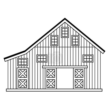 Black white outline wooden open doors house barn. Vector line isolated illustration for coloring book