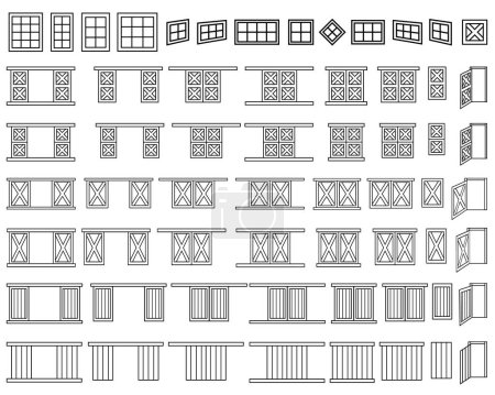 Fenster und Türen des Dorfgemeinschaftshauses aus Holz. Schwarz-weiß große Reihe von Toren oder Portalen für Malbuch. Vektorisolierte Linienillustrationen auf weißem Hintergrund