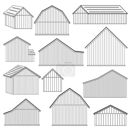 Große Holzhäuser oder Scheunen ohne Türen und Fenster. Isolierte Vektorillustrationen auf weißem Hintergrund für Konstrukteur oder Malbuch