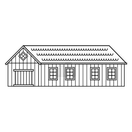 Vektor-Haus mit Tür und Fenster. Schwarz weiße monochrome Linie hölzerne Scheune. Isolierte Illustration auf weißem Hintergrund für Malbuch