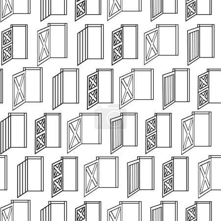 Nahtloses Muster geöffneter Türen. Schwarz weiße Umrisse Textur der Holzhäuser Türen auf weißem Hintergrund