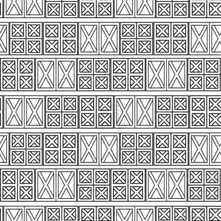 Geometrisches nahtloses Muster von Holztüren. Schwarz-weiße Umrisse Textur von Holzhäusern auf weißem Hintergrund