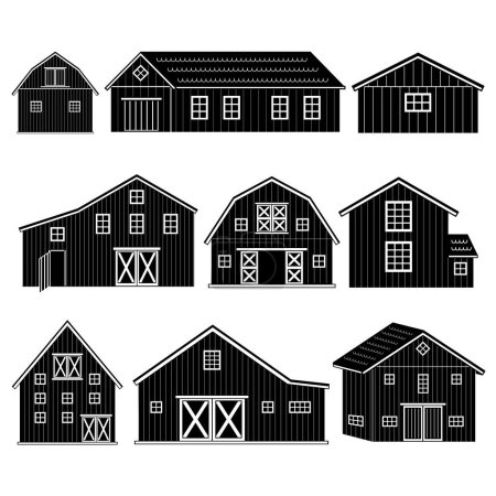 Große Menge von schwarz-weißen Holzspeicher Scheunen oder Bauernhäuser mit Fenstern, Türen. Vereinzelte Häuser Ikonen oder Logos auf dem weißen Hintergrund