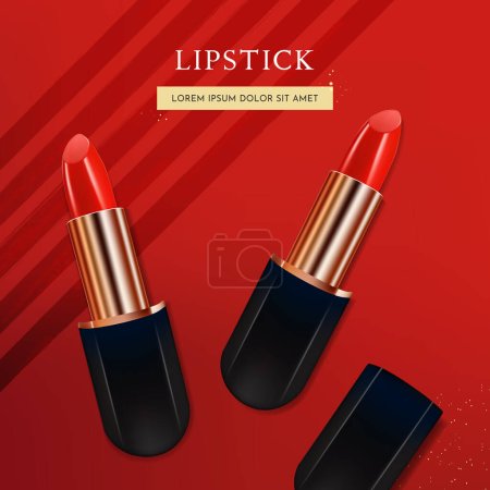 Photo for 3D Realistic Lipstick Cosmetic Product on Red Background, Vector Illustration - Royalty Free Image