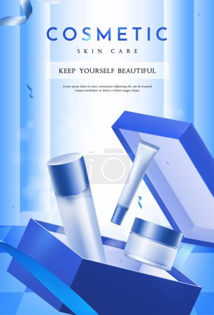 Photo for Set of Cosmetic Products for Skin Care with Open Gift Box, Vector Illustration - Royalty Free Image