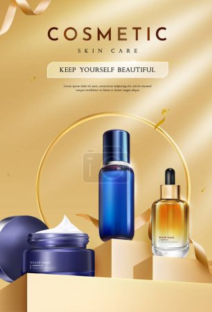 Ilustración de Conjunto de productos cosméticos para la plantilla de póster de cuidado de la piel, ilustración vectorial - Imagen libre de derechos