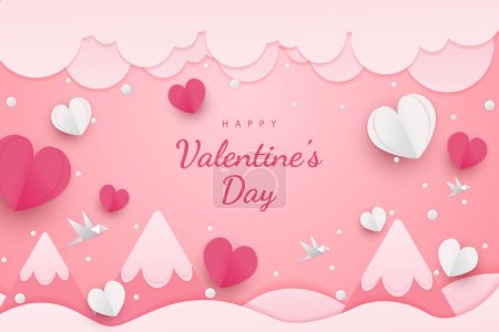 Téléchargez les illustrations : Happy Valentine's day fond papier coupé coeur style et élément avec couleur rouge et rose - en licence libre de droit
