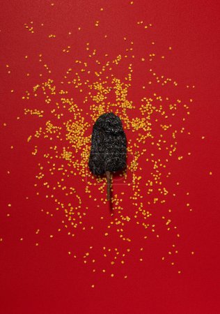 Téléchargez les photos : Chili séché et graines sur fond rouge, piment Ancho Pasilla mexicain épices plat - en image libre de droit