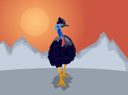 Téléchargez les illustrations : Cassowary australien sur fond de montagne stylisé, Illustration vectorielle - en licence libre de droit