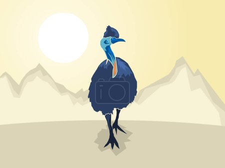 Téléchargez les illustrations : Cassowary australien sur fond de montagne stylisé, Illustration vectorielle - en licence libre de droit
